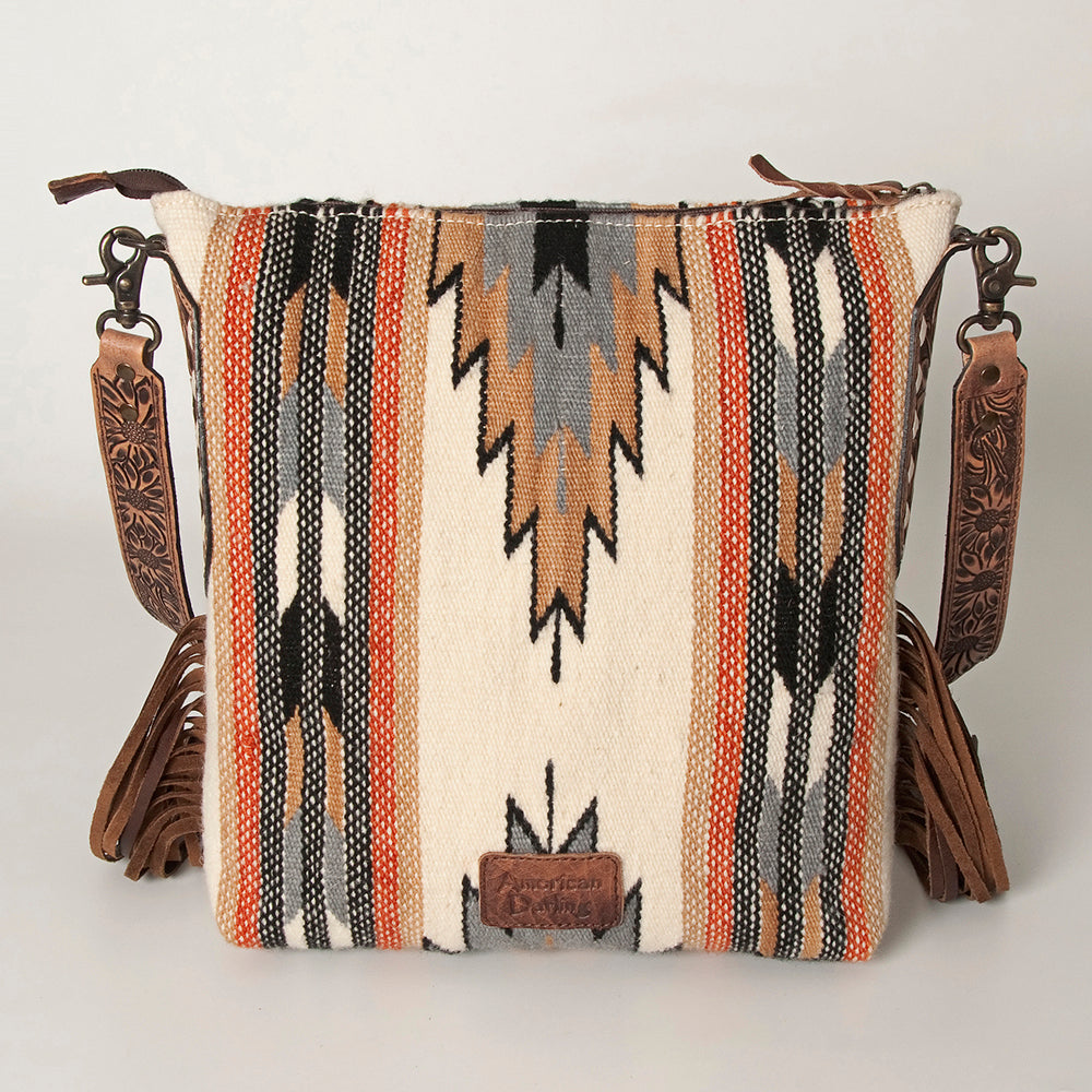 ADBG905 Southwestern Wool Blanket & Tooled Leather Fringe Large Crossbody Bag by American Darling