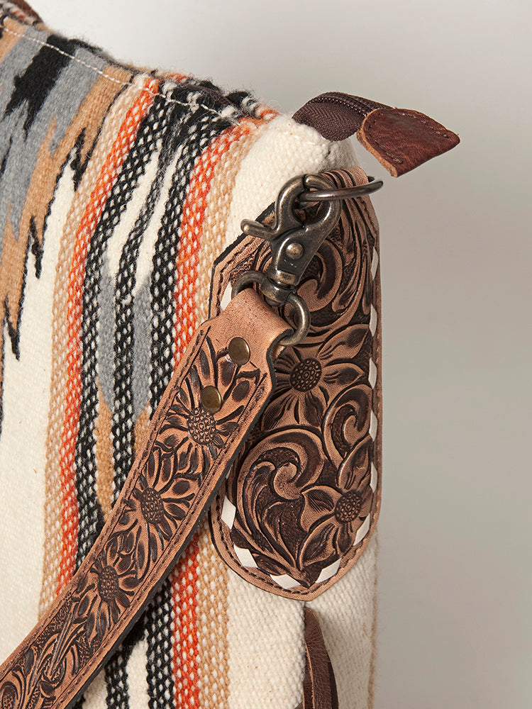ADBG905 Southwestern Wool Blanket & Tooled Leather Fringe Large Crossbody Bag by American Darling