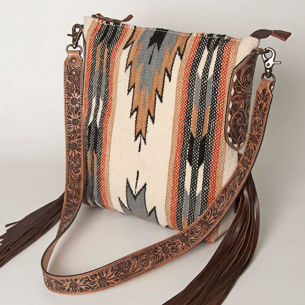 ADBG905 Southwestern Wool Blanket & Tooled Leather Fringe Large Crossbody Bag by American Darling
