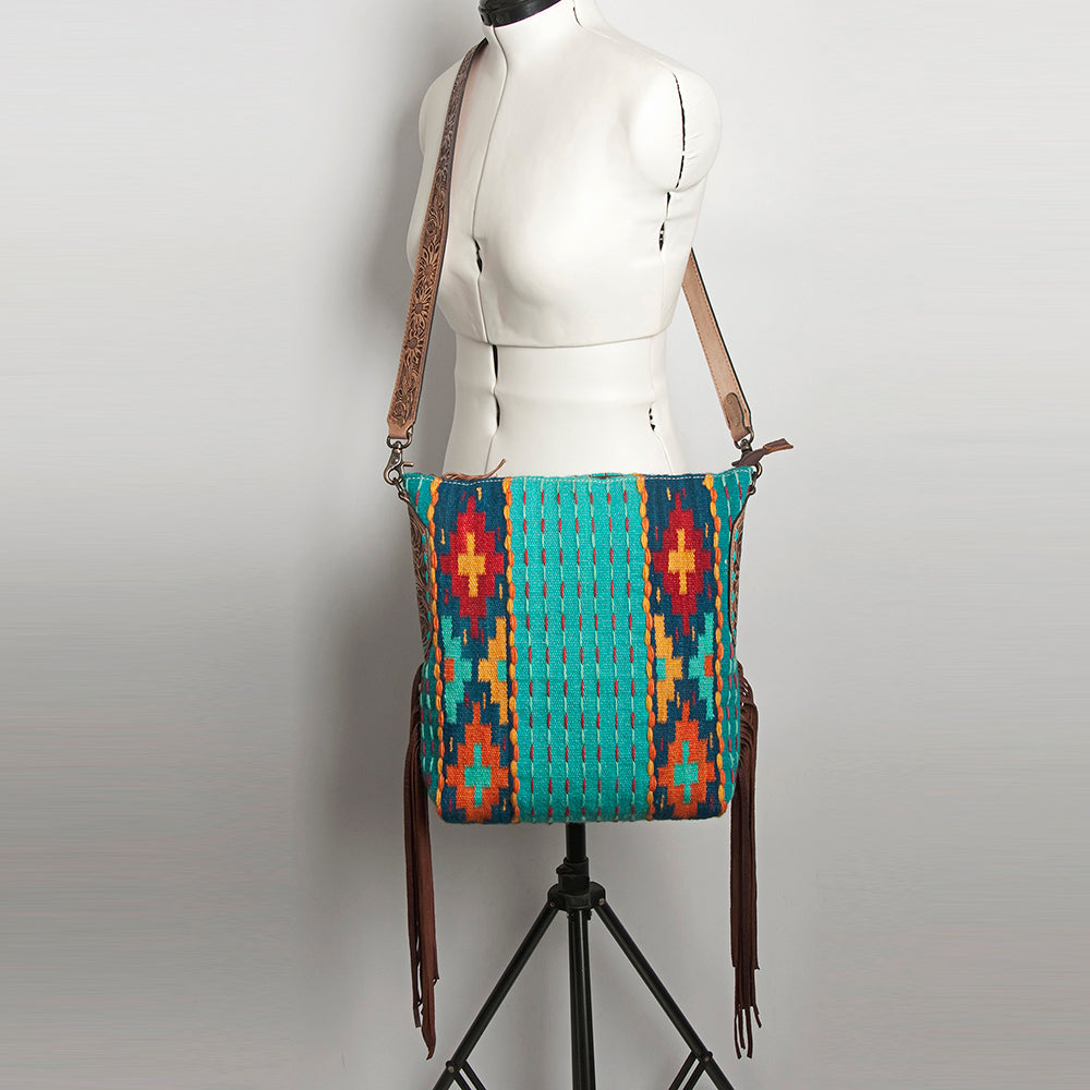 ADBG905 Southwestern Wool Blanket & Tooled Leather Strap Crossbody Bag by American Darling