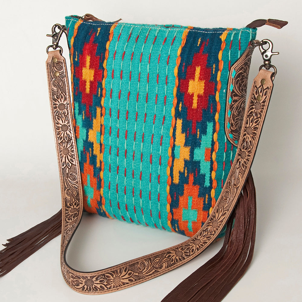ADBG905 Southwestern Wool Blanket & Tooled Leather Strap Crossbody Bag by American Darling
