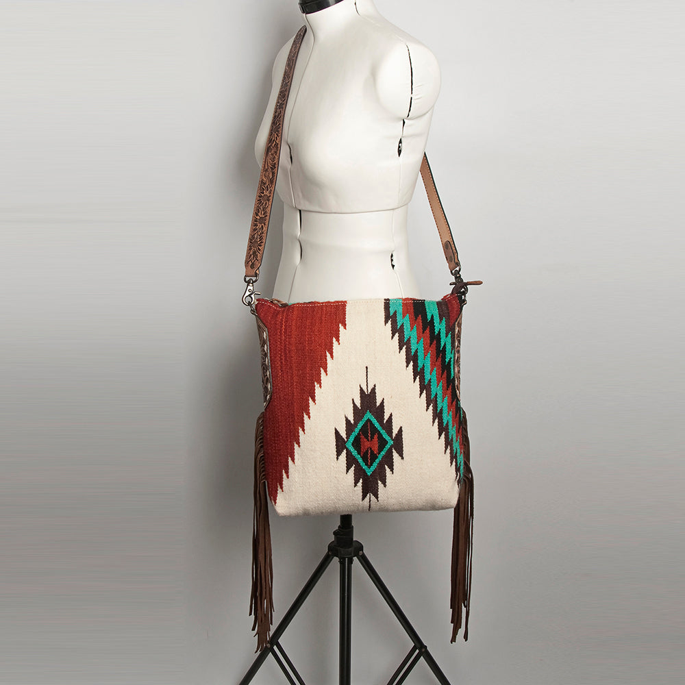 ADBG905 Southwestern Wool Blanket & Tooled Leather Fringe Large Crossbody Bag by American Darling