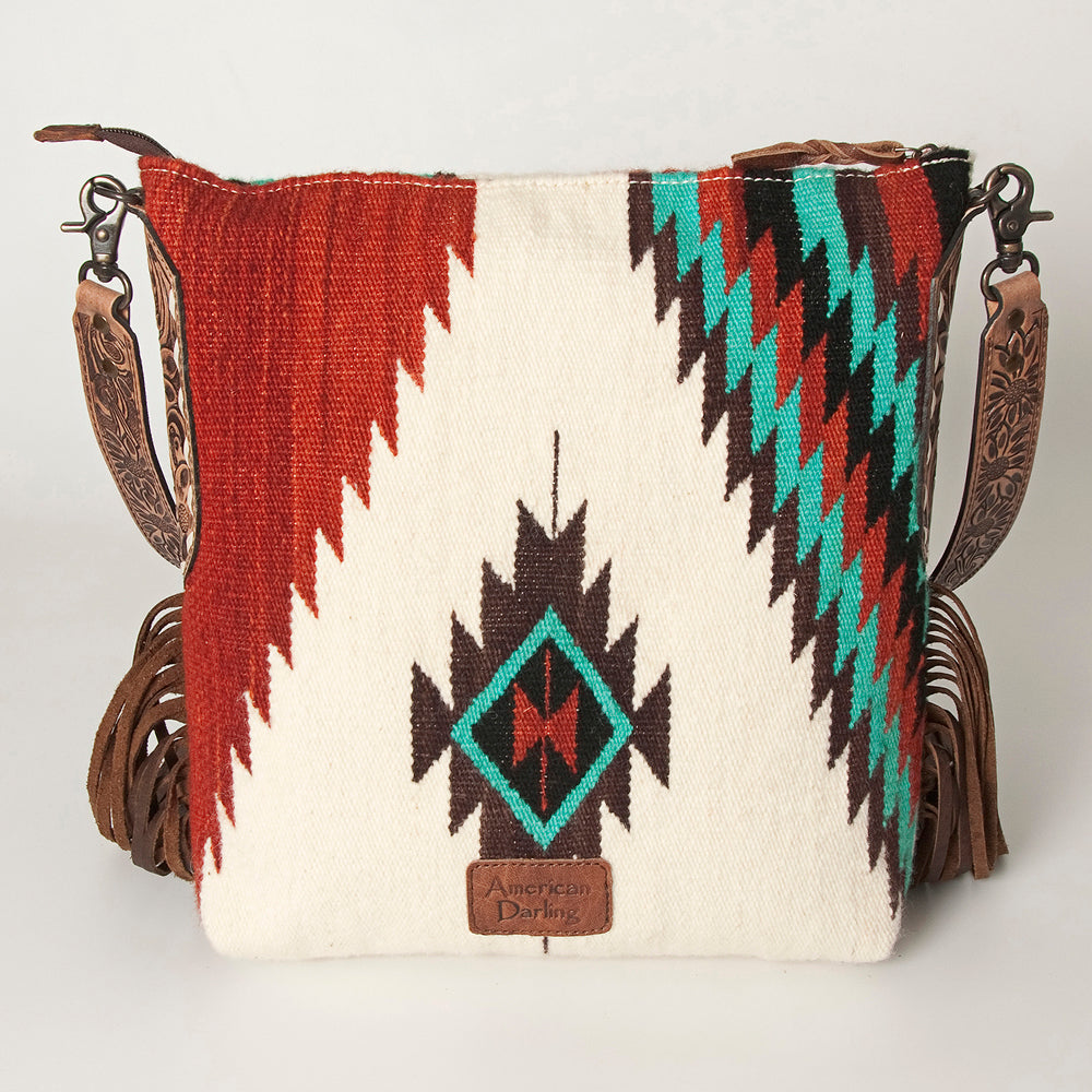 ADBG905 Southwestern Wool Blanket & Tooled Leather Fringe Large Crossbody Bag by American Darling