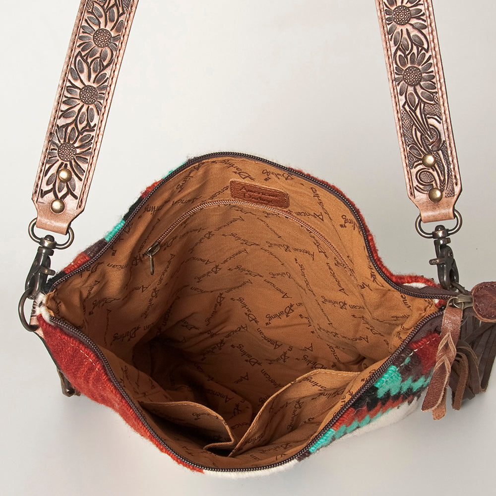 ADBG905 Southwestern Wool Blanket & Tooled Leather Fringe Large Crossbody Bag by American Darling