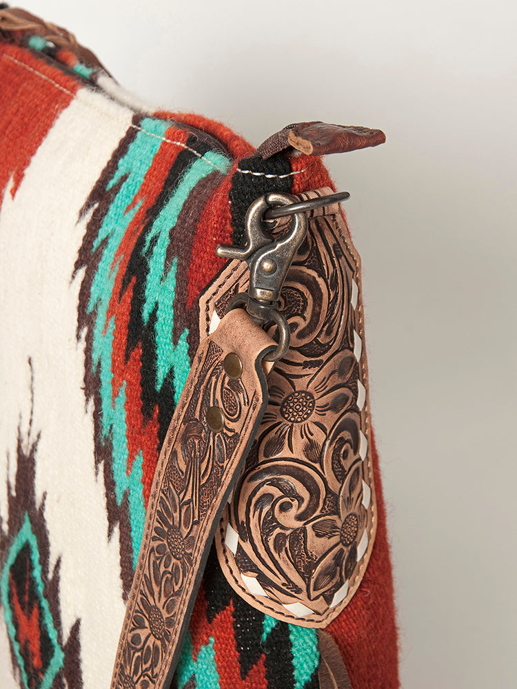ADBG905 Southwestern Wool Blanket & Tooled Leather Fringe Large Crossbody Bag by American Darling
