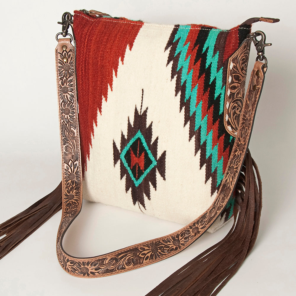 ADBG905 Southwestern Wool Blanket & Tooled Leather Fringe Large Crossbody Bag by American Darling