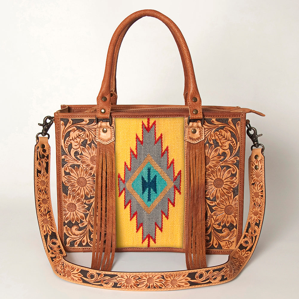 ADBG230 Hand Tooled Leather Tote Bag with Southwestern Saddle Blanket Accent & Floral Detailing