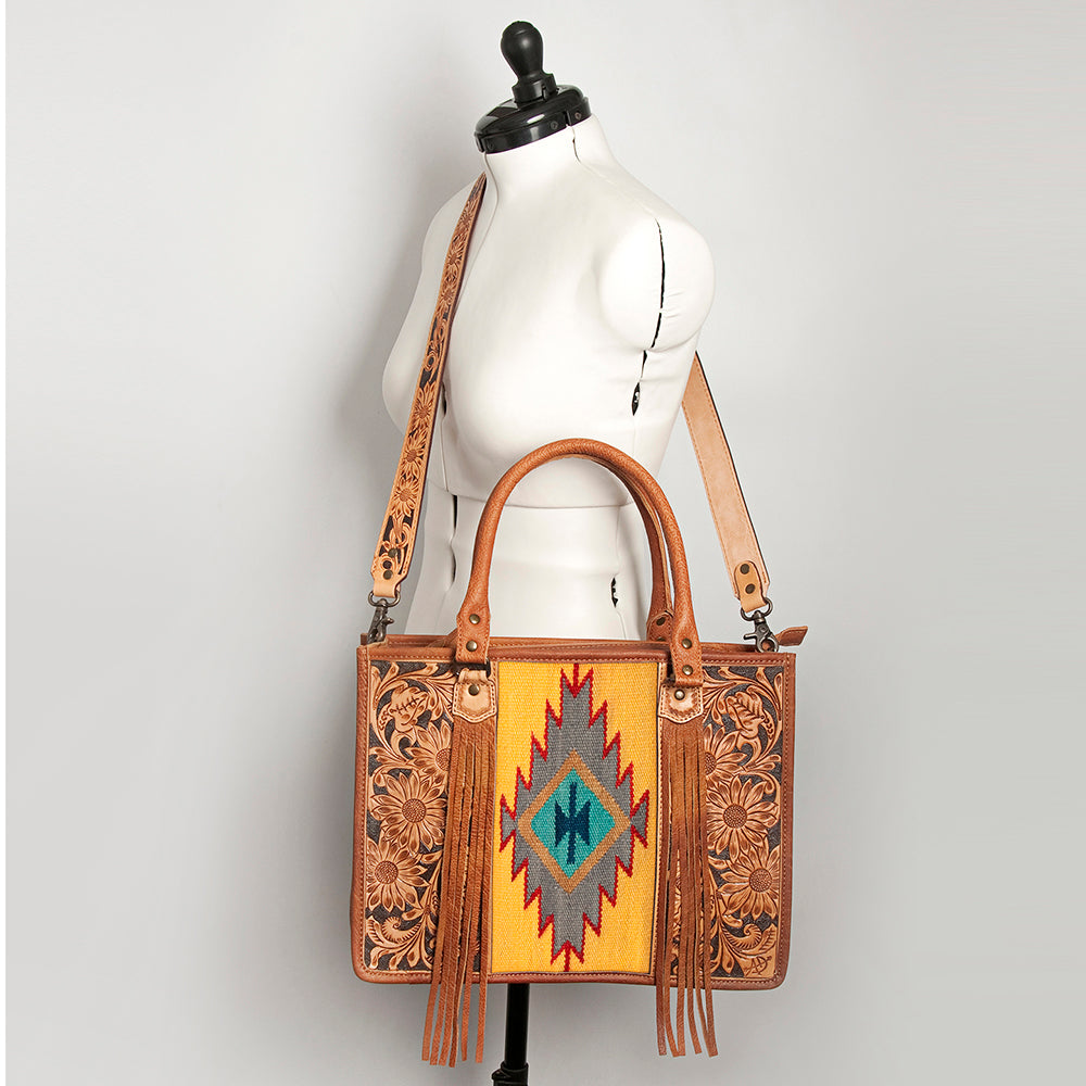 ADBG230 Hand Tooled Leather Tote Bag with Southwestern Saddle Blanket Accent & Floral Detailing