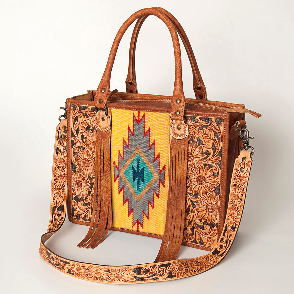 ADBG230 Hand Tooled Leather Tote Bag with Southwestern Saddle Blanket Accent & Floral Detailing