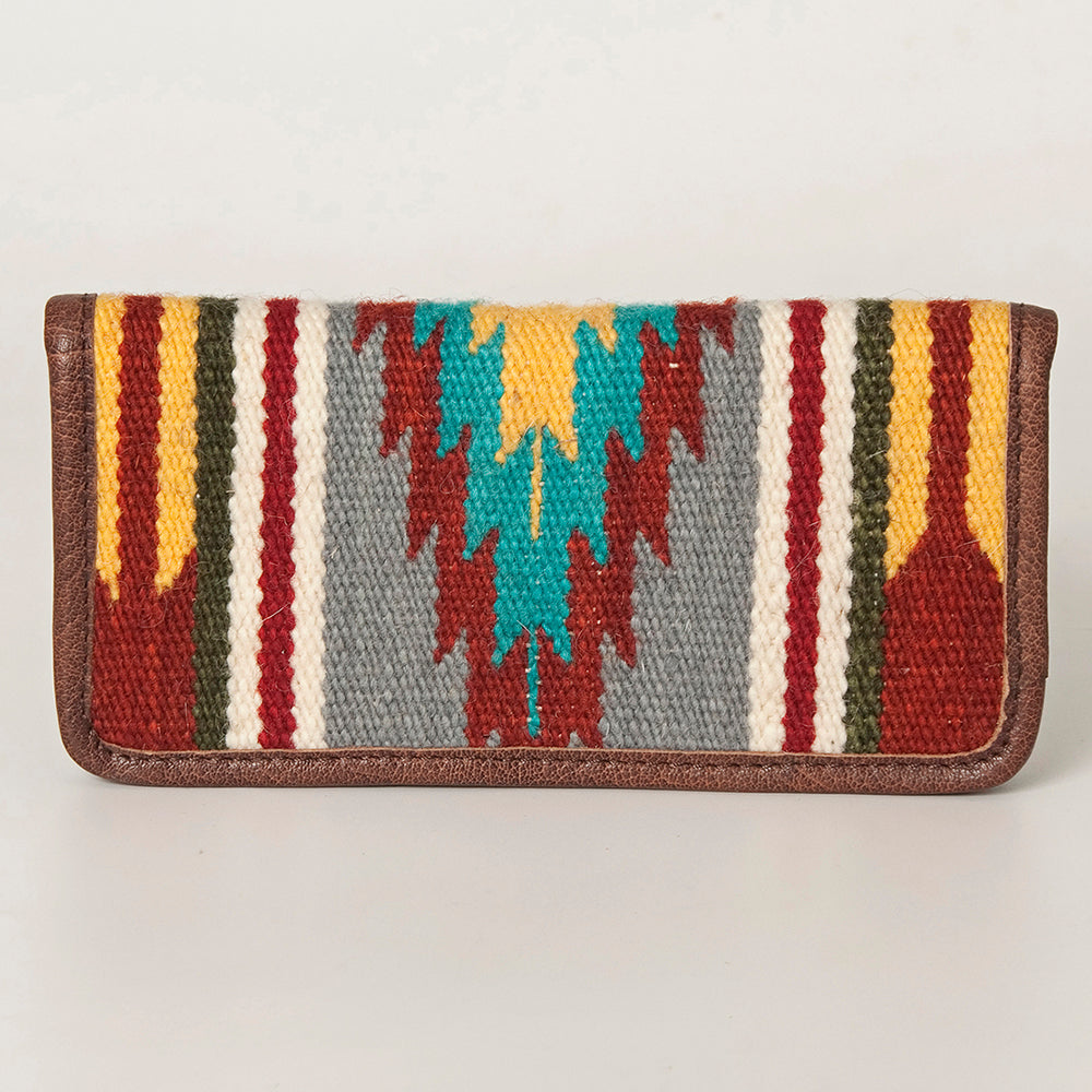 ADBG488 Southwestern Handwoven Wool Clutch with Leather Trim Multicolor Aztec Pattern