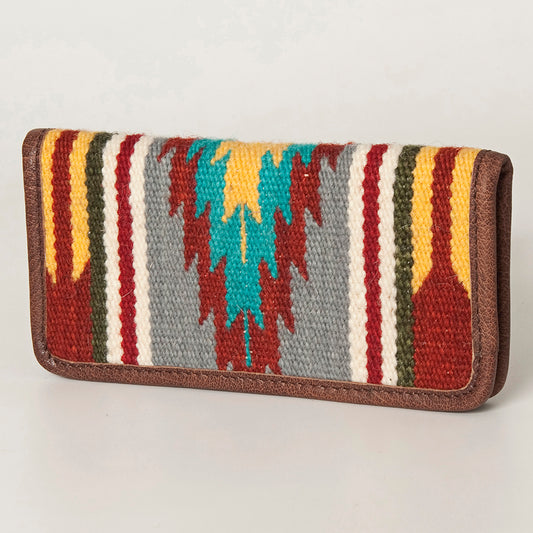 ADBG488 Southwestern Handwoven Wool Clutch with Leather Trim Multicolor Aztec Pattern