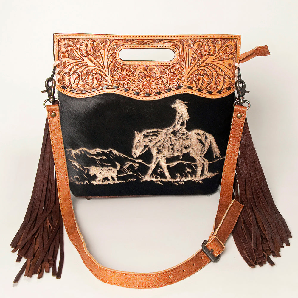 ADBGS146 Engraved Cowhide & Tooled Leather Shoulder Bag - Western Fringe Crossbody