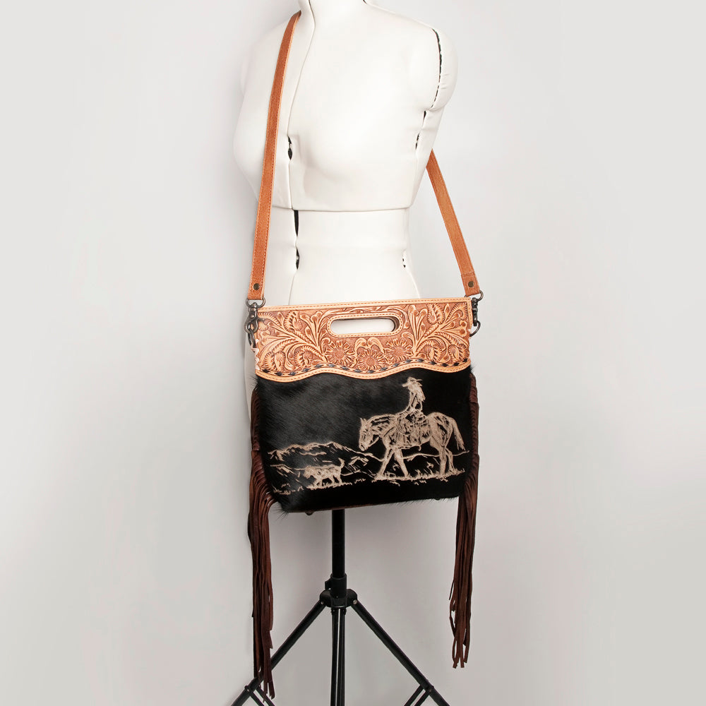 ADBGS146 Engraved Cowhide & Tooled Leather Shoulder Bag - Western Fringe Crossbody