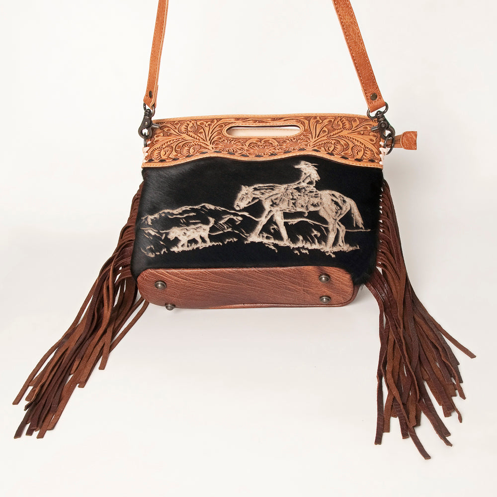ADBGS146 Engraved Cowhide & Tooled Leather Shoulder Bag - Western Fringe Crossbody