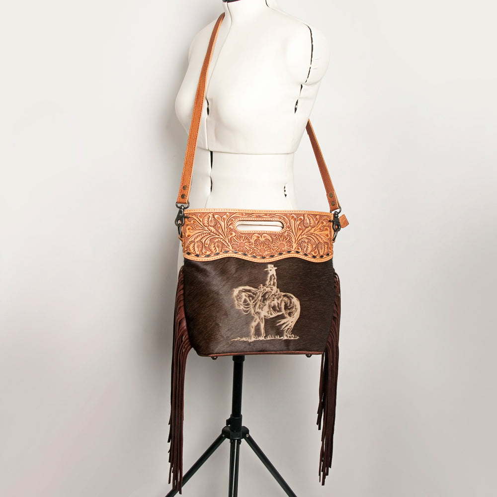ADBGS146 Engraved Cowhide & Tooled Leather Shoulder Bag - Western Fringe Crossbody