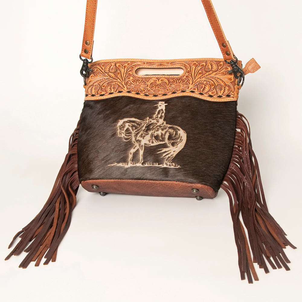ADBGS146 Engraved Cowhide & Tooled Leather Shoulder Bag - Western Fringe Crossbody