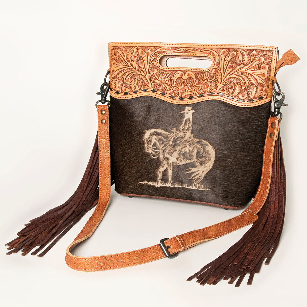 ADBGS146 Engraved Cowhide & Tooled Leather Shoulder Bag - Western Fringe Crossbody