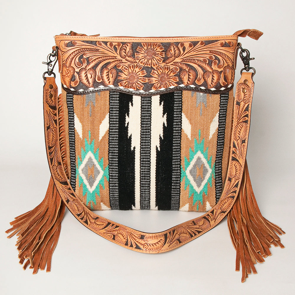 ADBG510 Tooled Leather & Saddle Blanket Crossbody Bag Western Fringe Purse by American Darling