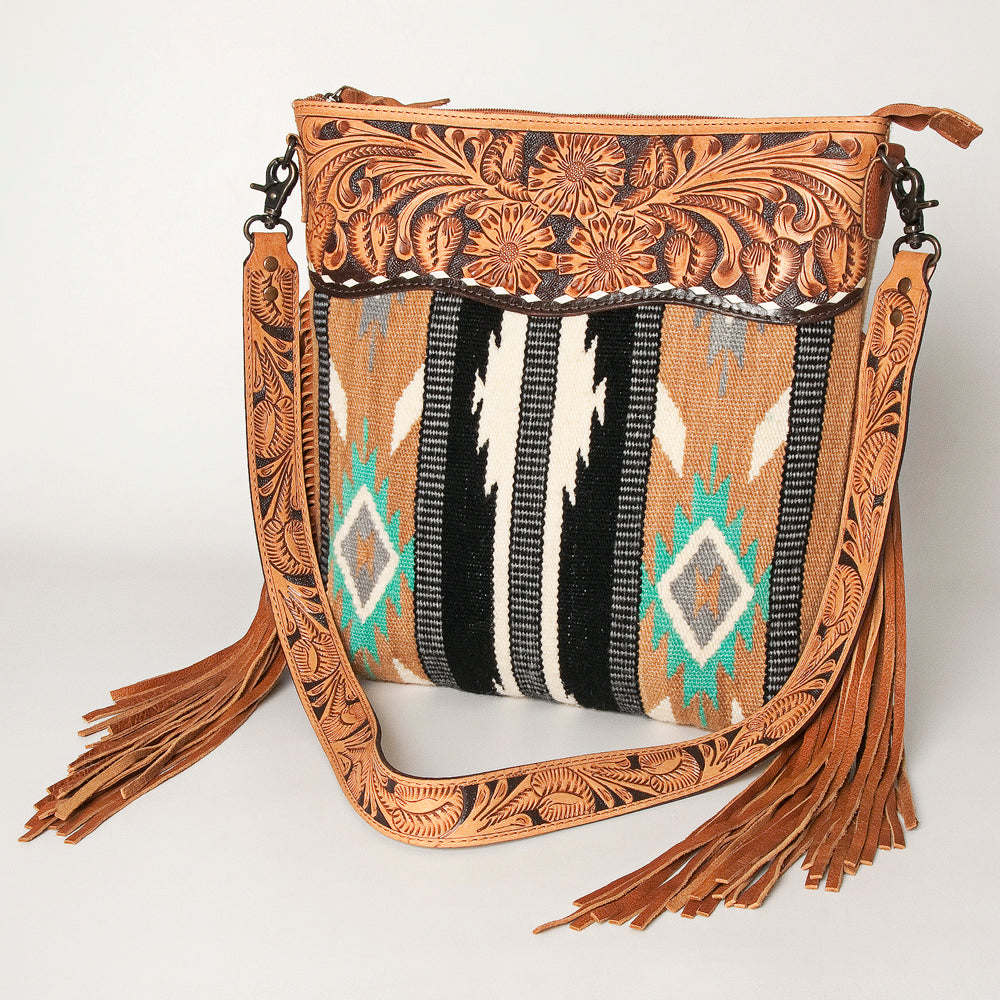 ADBG510 Tooled Leather & Saddle Blanket Crossbody Bag Western Fringe Purse by American Darling