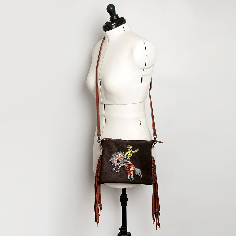 ADBG109 American Darling Hair-on Cowhide Western Leather Small Crossbody Bag with Fringe