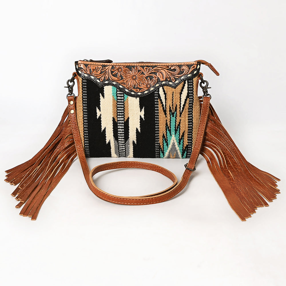 ADBG236 Southwestern Woven Fringe Crossbody Bag with Hand-Tooled Floral Leather Trim