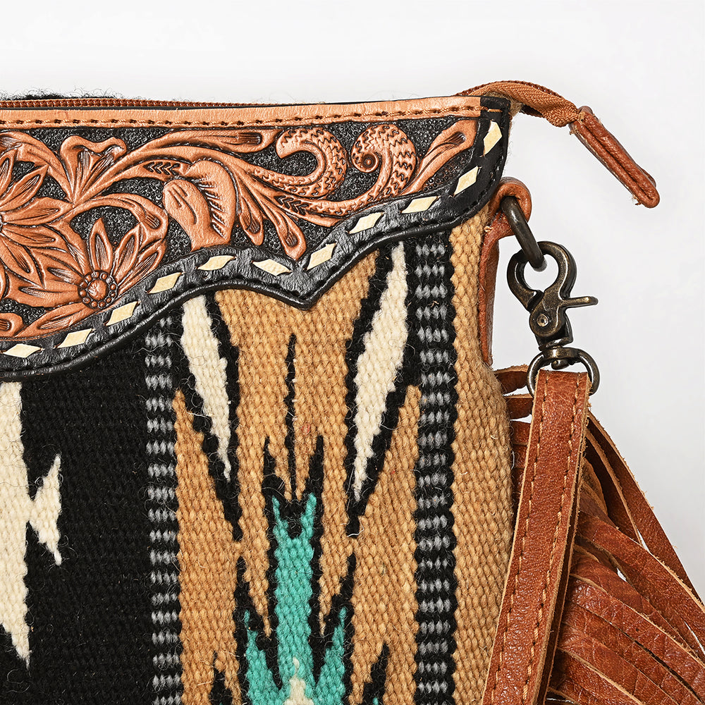 ADBG236 Southwestern Woven Fringe Crossbody Bag with Hand-Tooled Floral Leather Trim