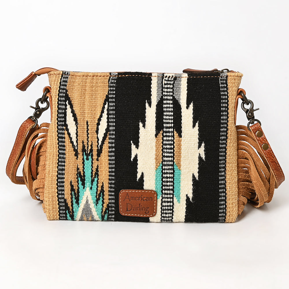 ADBG236 Southwestern Woven Fringe Crossbody Bag with Hand-Tooled Floral Leather Trim