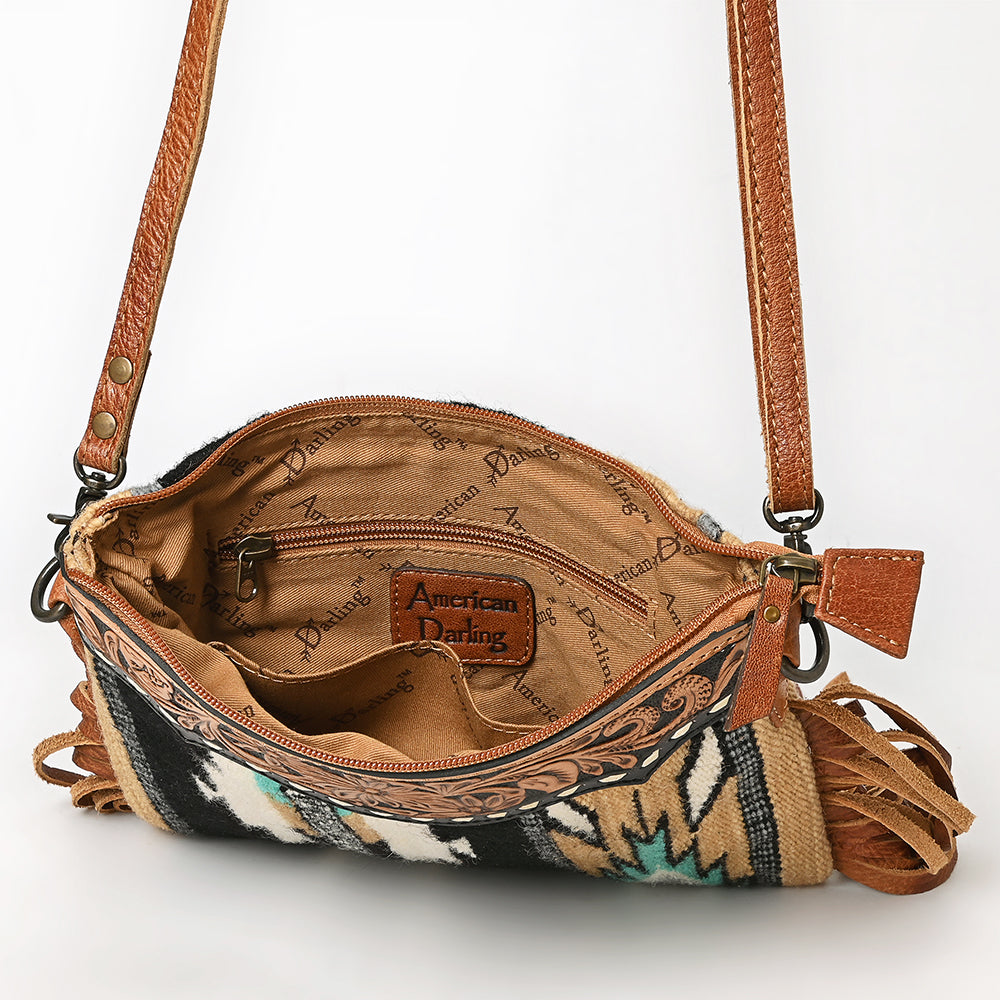 ADBG236 Southwestern Woven Fringe Crossbody Bag with Hand-Tooled Floral Leather Trim