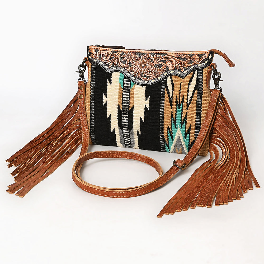 ADBG236 Southwestern Woven Fringe Crossbody Bag with Hand-Tooled Floral Leather Trim