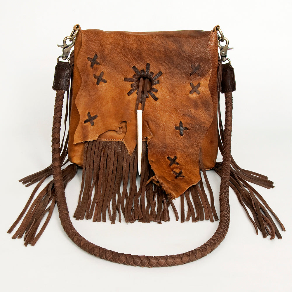 ADBGM282 Raw-Edge Tribal Leather Crossbody - Fringe, Bone Accent & Braided Strap