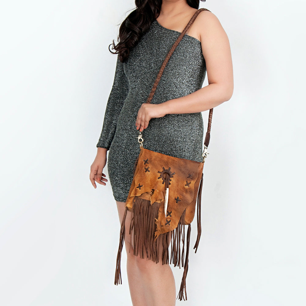 ADBGM282 Raw-Edge Tribal Leather Crossbody - Fringe, Bone Accent & Braided Strap
