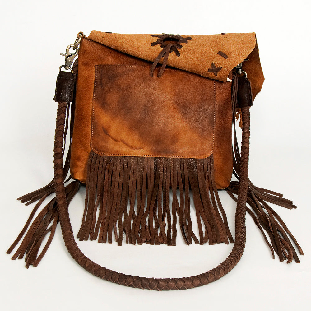 ADBGM282 Raw-Edge Tribal Leather Crossbody - Fringe, Bone Accent & Braided Strap
