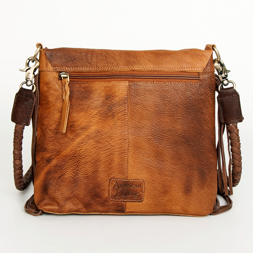 ADBGM282 Raw-Edge Tribal Leather Crossbody - Fringe, Bone Accent & Braided Strap