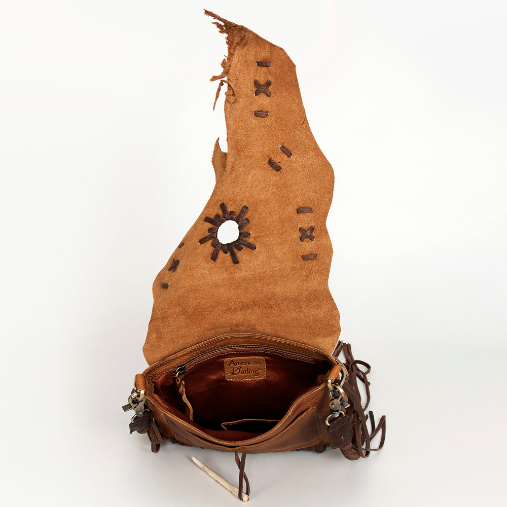 ADBGM282 Raw-Edge Tribal Leather Crossbody - Fringe, Bone Accent & Braided Strap