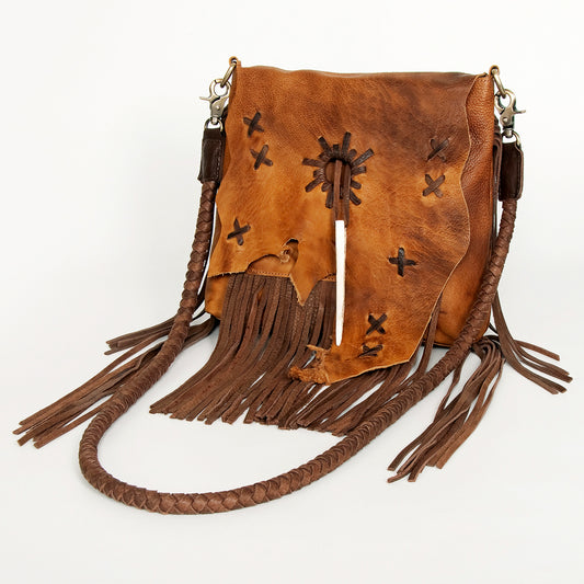 ADBGM282 Raw-Edge Tribal Leather Crossbody - Fringe, Bone Accent & Braided Strap