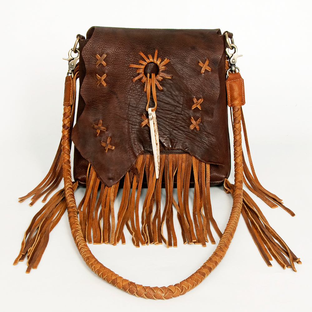 ADBGM282 Raw-Edge Tribal Leather Crossbody - Fringe, Bone Accent & Braided Strap