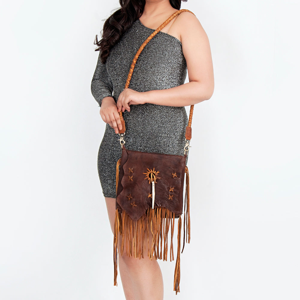 ADBGM282 Raw-Edge Tribal Leather Crossbody - Fringe, Bone Accent & Braided Strap