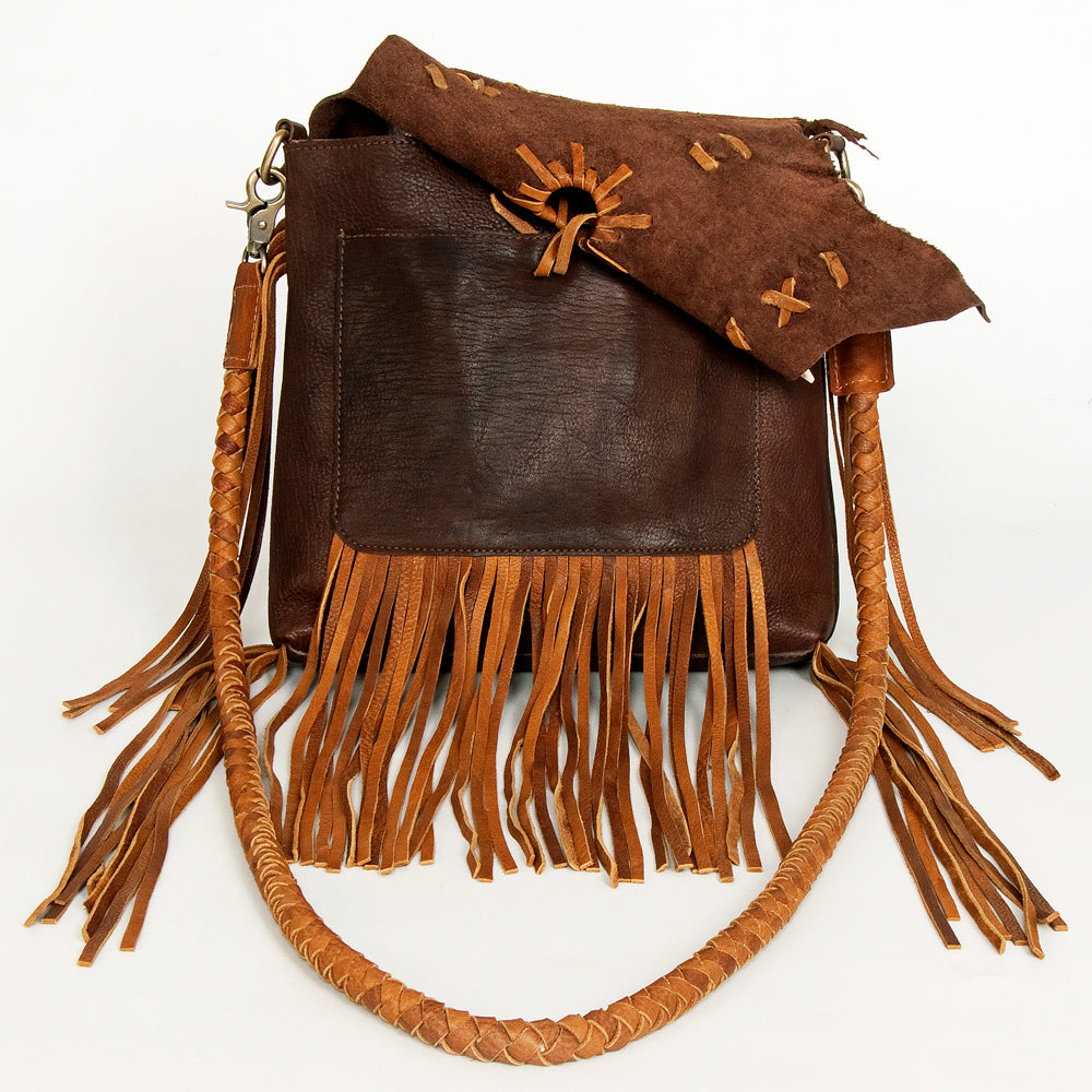 ADBGM282 Raw-Edge Tribal Leather Crossbody - Fringe, Bone Accent & Braided Strap