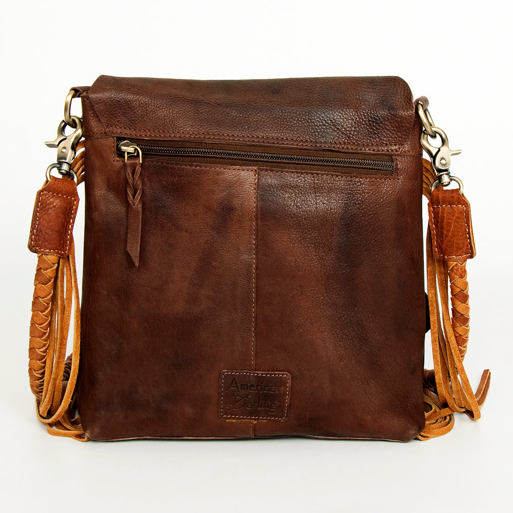ADBGM282 Raw-Edge Tribal Leather Crossbody - Fringe, Bone Accent & Braided Strap