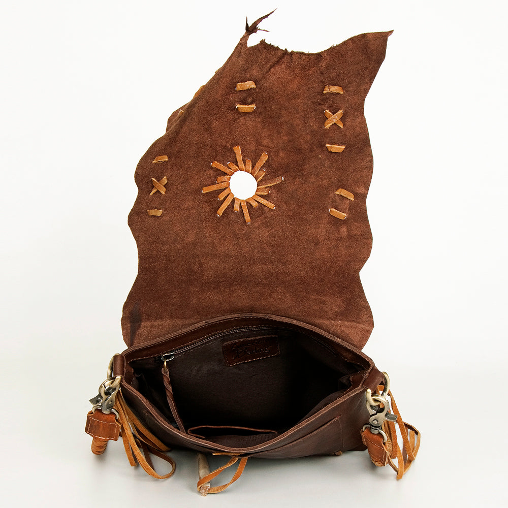 ADBGM282 Raw-Edge Tribal Leather Crossbody - Fringe, Bone Accent & Braided Strap