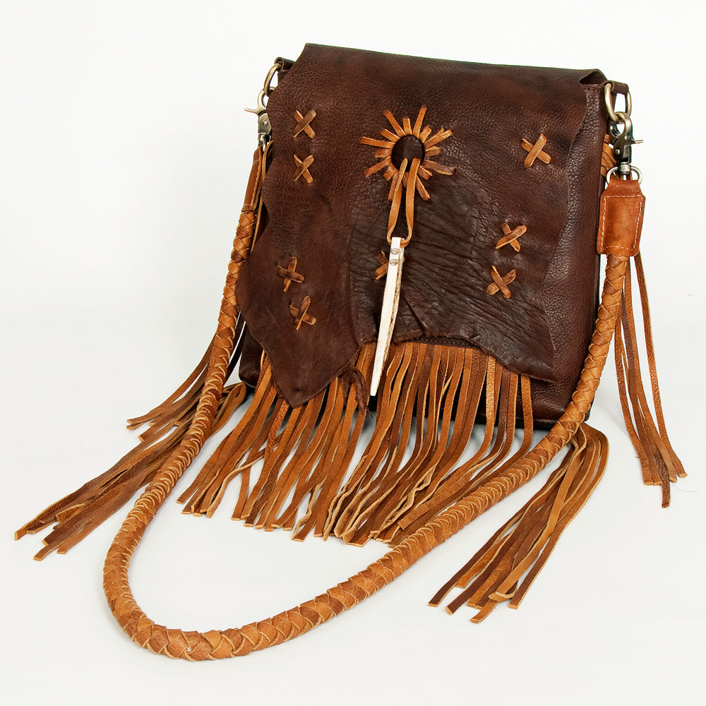 ADBGM282 Raw-Edge Tribal Leather Crossbody - Fringe, Bone Accent & Braided Strap