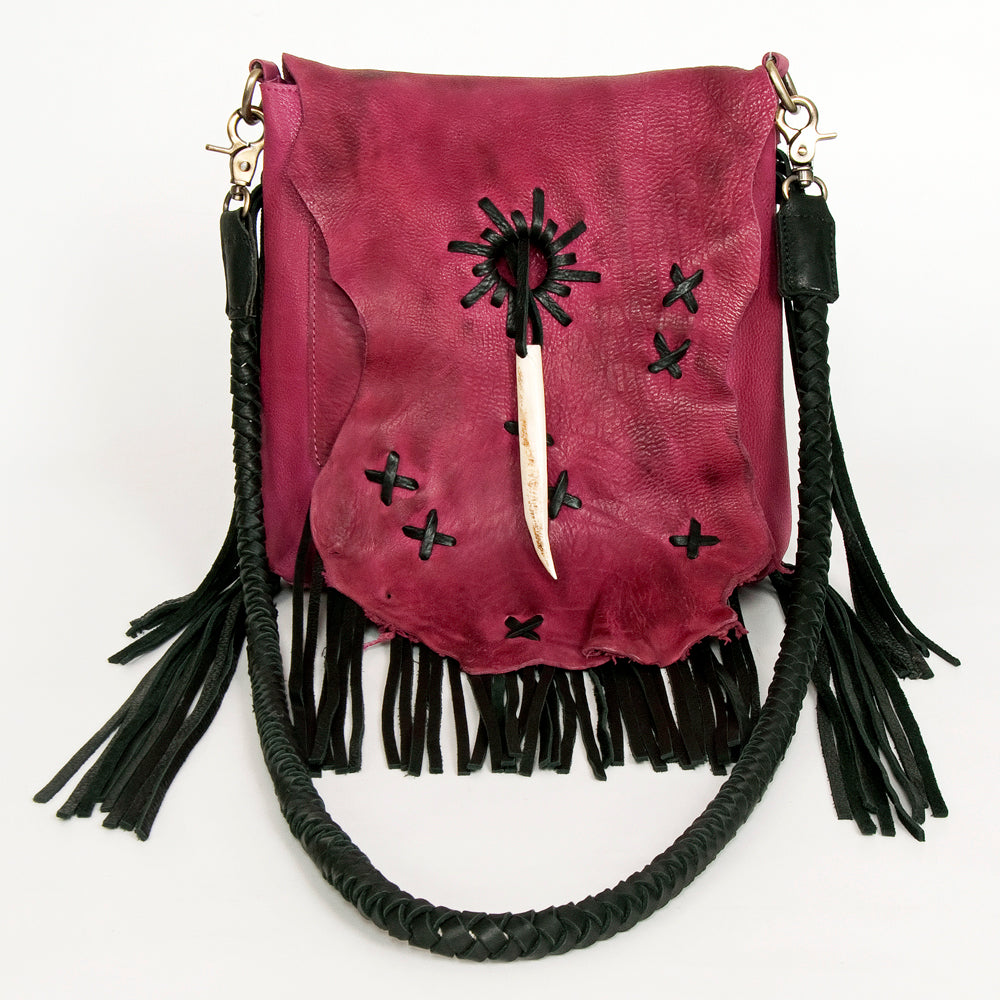 ADBGM282 Raw-Edge Tribal Leather Crossbody - Fringe, Bone Accent & Braided Strap
