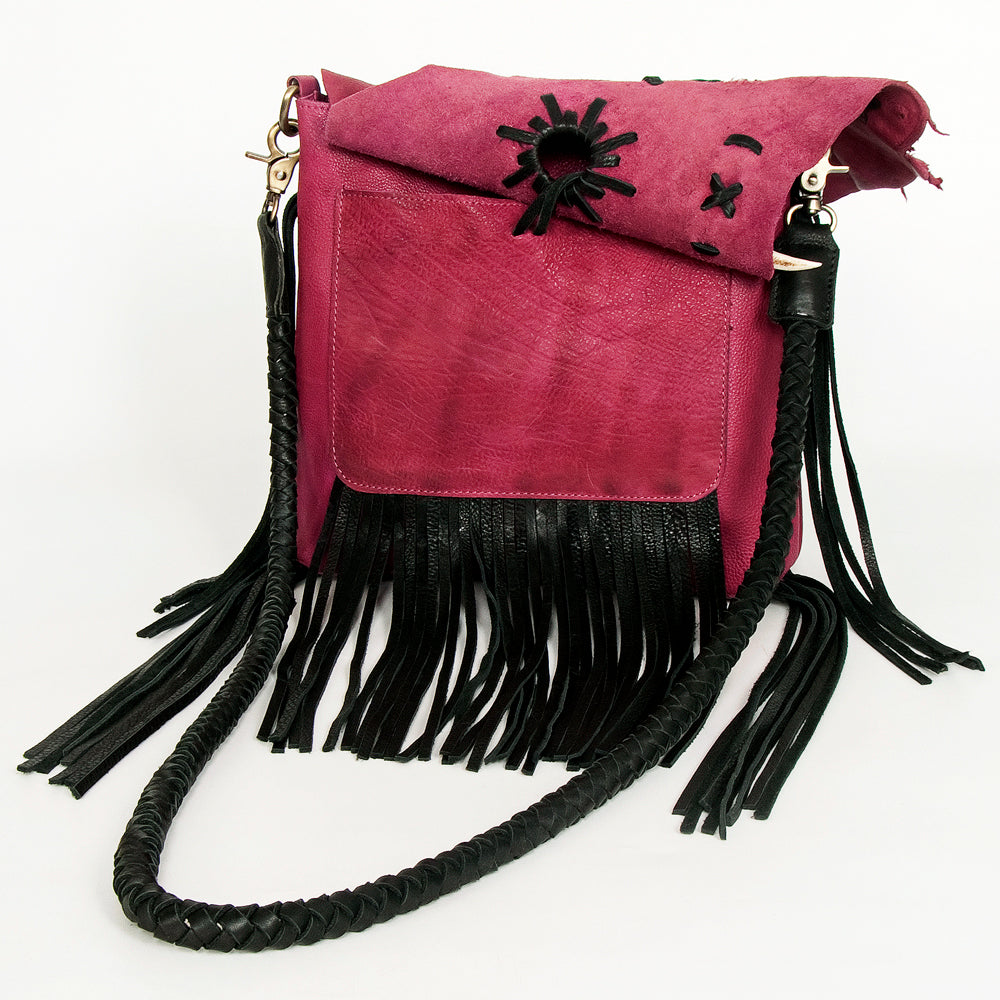 ADBGM282 Raw-Edge Tribal Leather Crossbody - Fringe, Bone Accent & Braided Strap