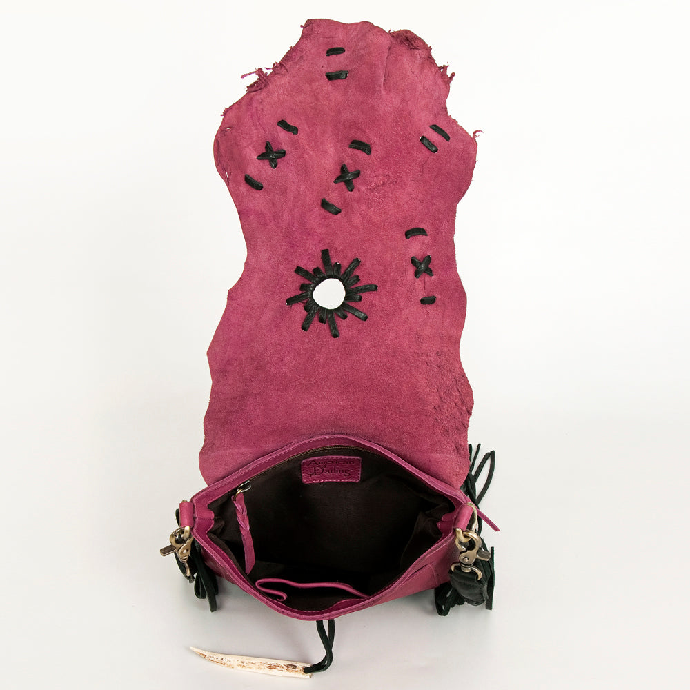 ADBGM282 Raw-Edge Tribal Leather Crossbody - Fringe, Bone Accent & Braided Strap