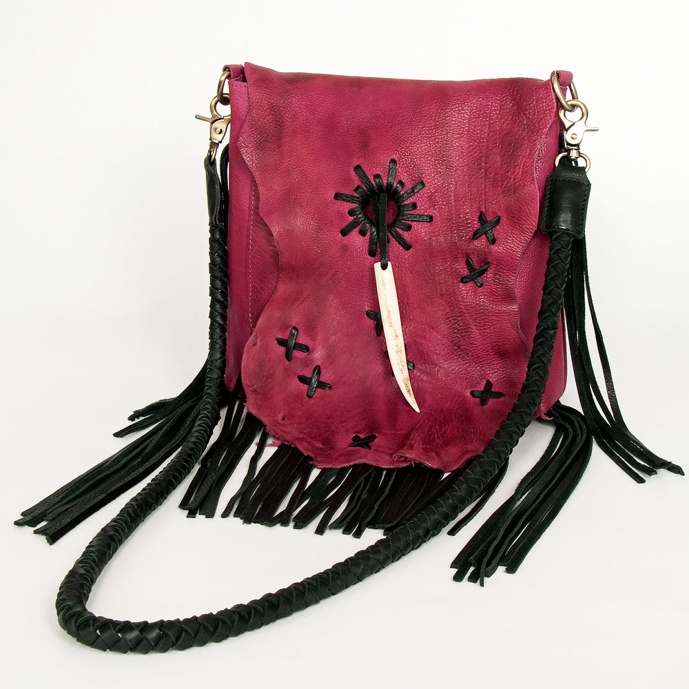 ADBGM282 Raw-Edge Tribal Leather Crossbody - Fringe, Bone Accent & Braided Strap