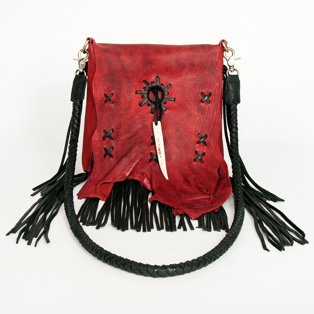 ADBGM282 Raw-Edge Tribal Leather Crossbody - Fringe, Bone Accent & Braided Strap
