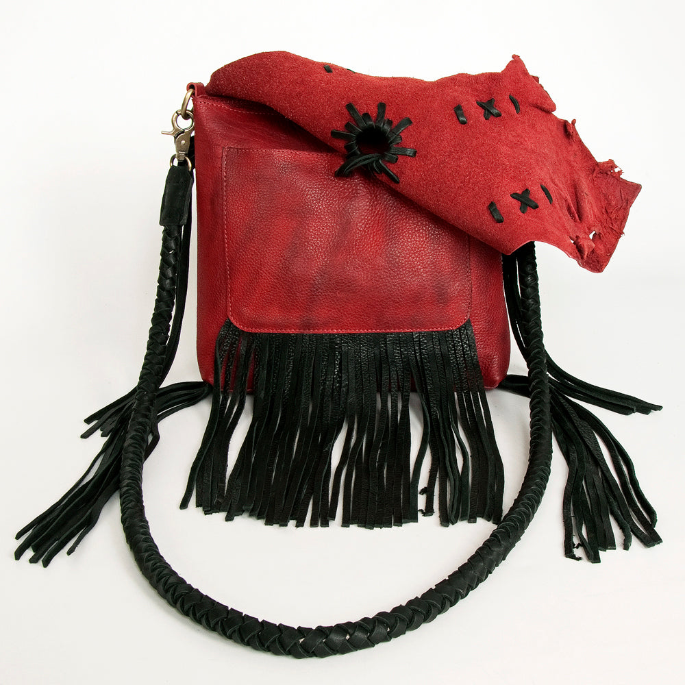 ADBGM282 Raw-Edge Tribal Leather Crossbody - Fringe, Bone Accent & Braided Strap