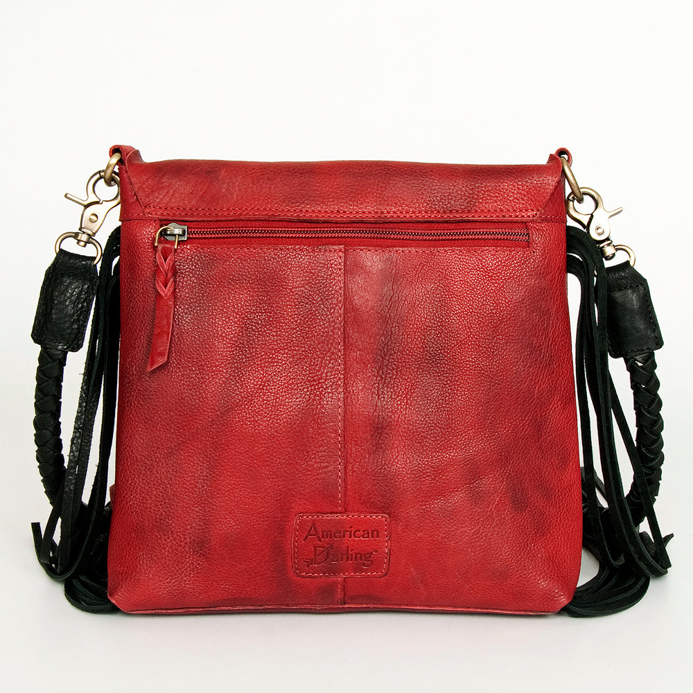 ADBGM282 Raw-Edge Tribal Leather Crossbody - Fringe, Bone Accent & Braided Strap