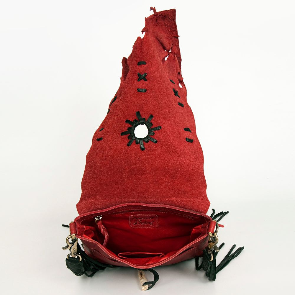 ADBGM282 Raw-Edge Tribal Leather Crossbody - Fringe, Bone Accent & Braided Strap