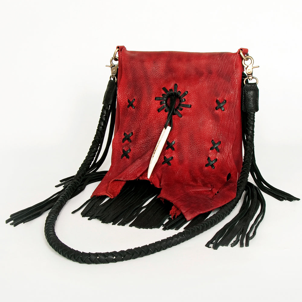 ADBGM282 Raw-Edge Tribal Leather Crossbody - Fringe, Bone Accent & Braided Strap